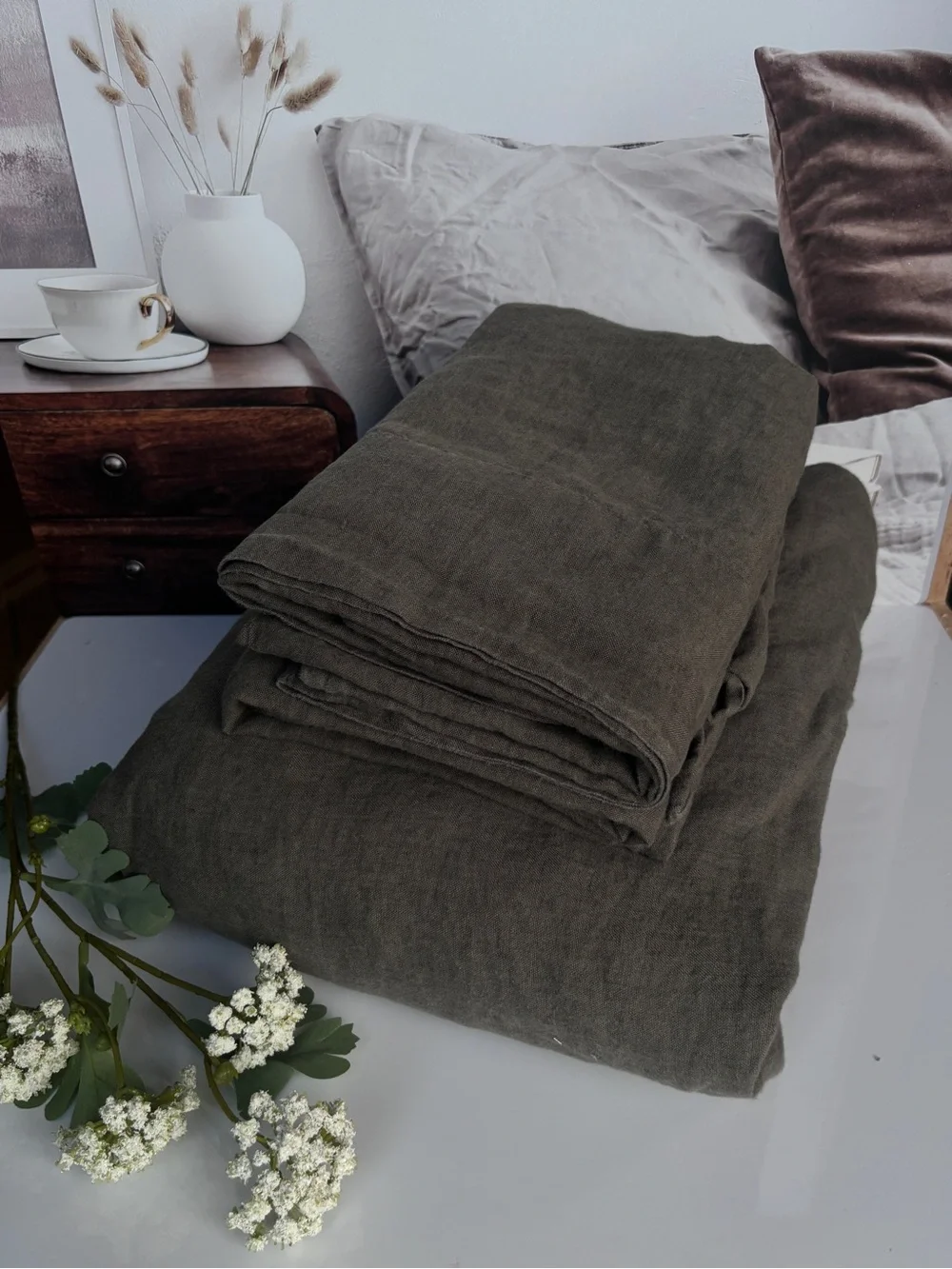 Quince European Linen Fitted Sheet Set King Dusty Olive